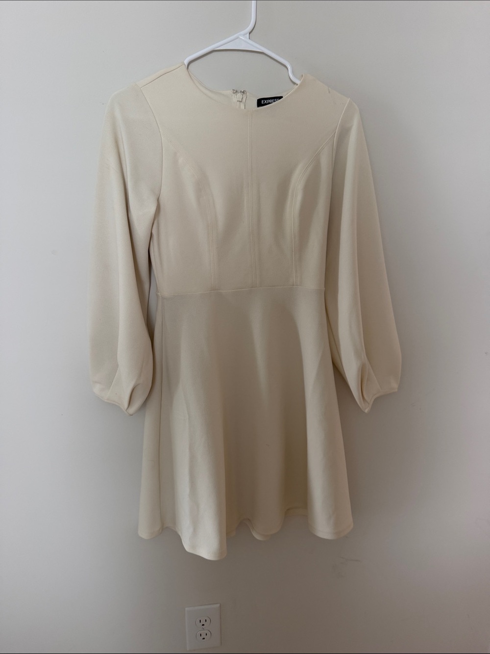 Express Cream Long-Sleeve Fit & Flare Mini Dress with Balloon Sleeves